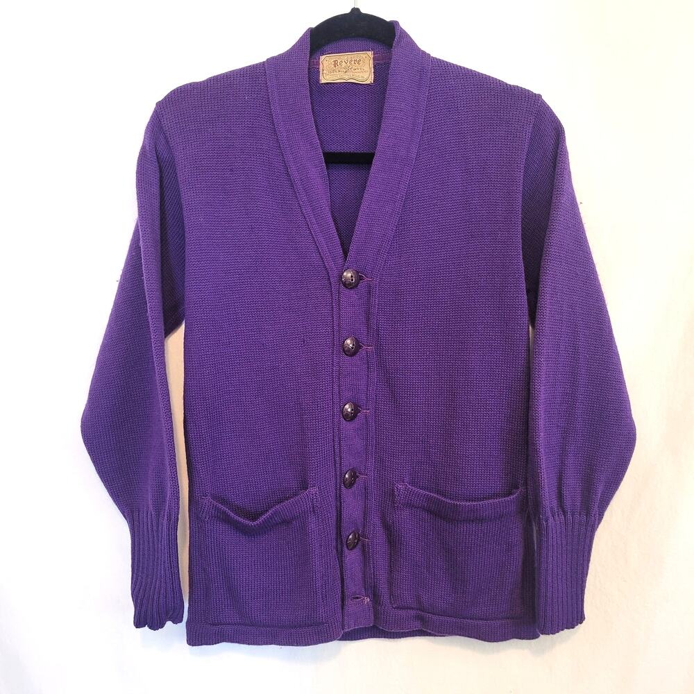 Vintage Revere Purple Wool Cardigan Sweater Button Front Grandpa Cottage Knit